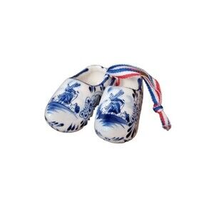 Deco Miniature Ceramic Clogs White Blue Hand Painted Delft Porcelain Windmill